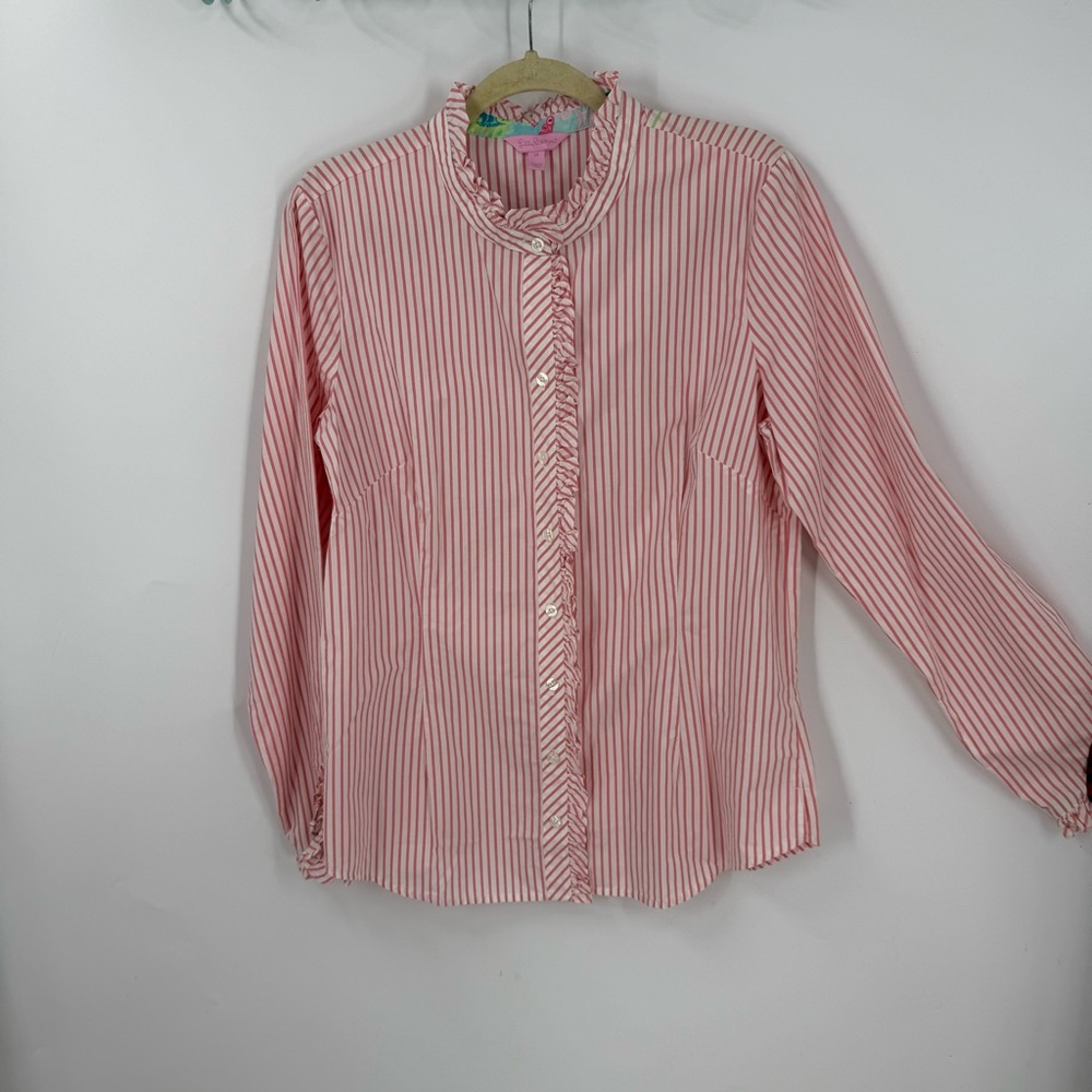 Lilly Pulitzer vintage Janie Pink Salmon Getaway Place Stripe Ruffled Shirt 14